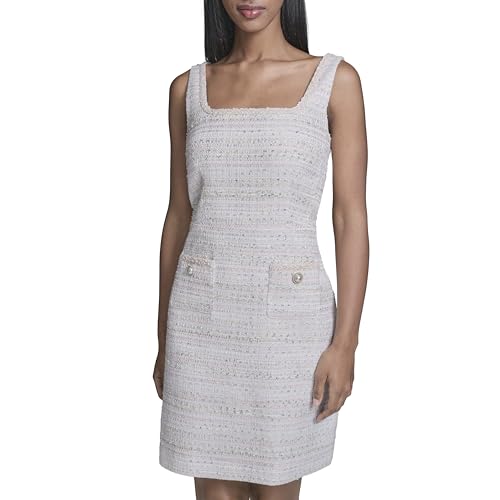 KARL LAGERFELD Paris Women's Sleeveless Square Neck Tweed Sheath Mini Dress, Soft White Multi, 10