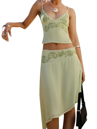 Women 2 Piece Midi-length Skirt Set Y2K Spaghetti Strap Embroider Floral V-Neck Cami Tops Asymmetrical Midi Skirts