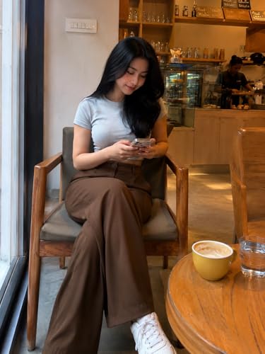 Image of Korean Pants for Woman | High Waist Wide Leg Trouser | Formal Office Casual Wear | Zero See-Through Semi-Stretchable Fabric