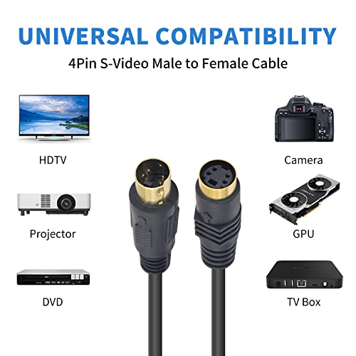 Poyiccot S-Video Extension Cable, Mini Din 4 Pin S-Video Cable Male To Female Gold Plated Connecor, Mini Din 4 Pin Male To Female Cable For Tv, S-Vhs, Vcrs, Dvd, Camcorders, Video Cards, 6Ft #TOP4