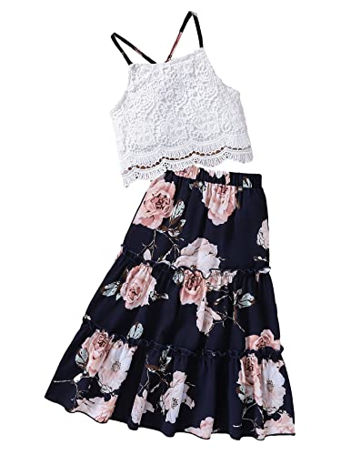 Image of WDIRARA Girl's 2 Piece Set Contrast Lace Cami Top With Floral Print Frilled Skirt