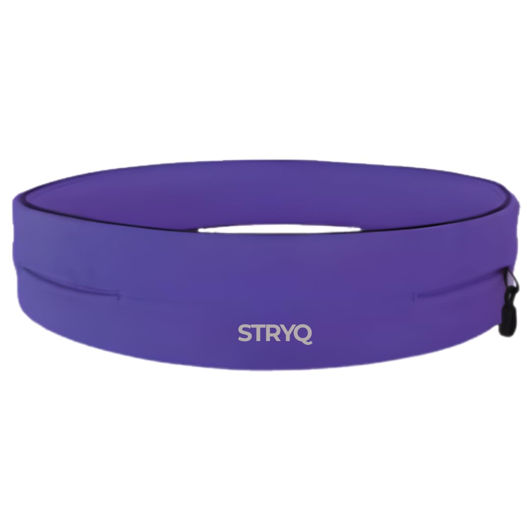 STRYQ Running Belt, Slim Bounce Free Waist Pack Phone Holder, No Zip Lightweight Moisture Wicking Running Belt Fits All Phones, Hidden Key Hook, Reflective Running Waist Belt (Purple, Large)