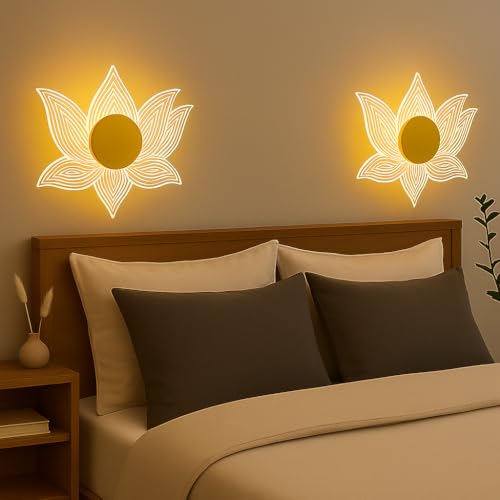 Image of Lampmaster Lotus Glow LED Wall Light | 3-in-1 Color Changing Decorative Lamp | Gold Finish Acrylic Lotus Design | Modern Floral Wall Sconce for Bedroom, Living Room & Meditation Decor
