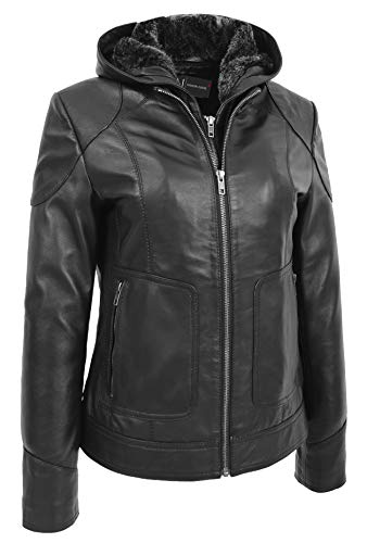 Veste de motard en cuir Sally pour femme avec capuche amovible noire taille 46