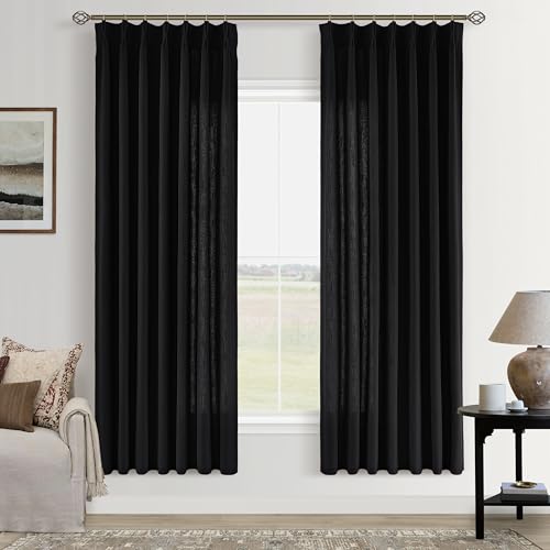 Image of Black Pinch Pleated Semi Sheer Linen Curtains 72 Inch Long for Bedroom | Flax Faux Textured, Light Filtering Privacy, Bay Window Balcony, Hook Rings Memory Shape Pleat, Luxury Elegant, Room Divider