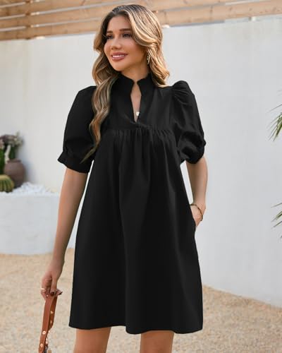 Women's Ruffle Collar High Neck Mini Dress Puff Short Sleeve Cotton Babydoll Peplum Dresses with Pockets2