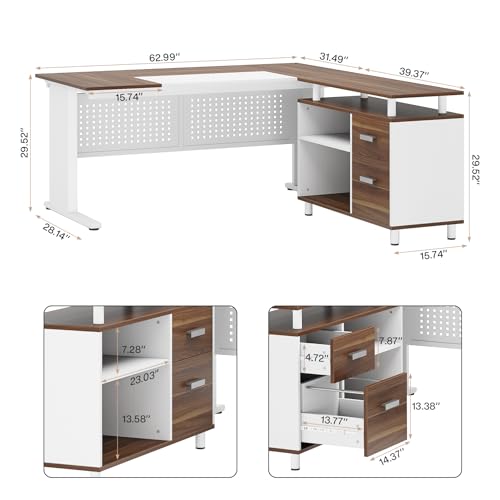 Image of Tribesigns 63 Inch Executive Desk with File Cabinet, L Shaped Office Desk with Drawers and Storage Shelves, Business Furniture Set Workstation for Home Office, White and Walnut