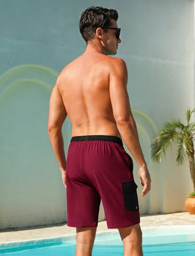 SILKWORLD Swim Trunks Men Cargo Compression Swimming Quick Dry Shorts 9 Inch Bathing Suit Men Wine Red M — view 4