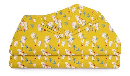 Image of HOMEKART 120 TC Cotton Rich ElasticCorner Fitted Bedsheet with 2 Pillow Covers | Double Bed 72x68+6 Inches | Wrinkle-Free, Super Soft & Breathable Floral Design | Yellow