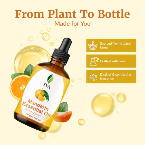 Image of SVA Mandarin Essential Oil 4 Fl Oz - for Diffuser, Skin & Hair Care - Ideal for Massage & DIY Blends - with Dropper