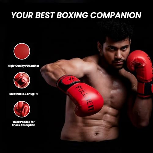 Image of Pulseit Boxing Gloves for Men & Women | Premium PU Leather | Training, Sparring, Kickboxing, Muay Thai & MMA | Multi-Layer Foam Padding, Wrist Support, Breathable (Red)