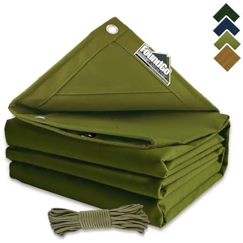 FoundGo 12x45ft Canvas Tarp 22 Mil Tarps 14 oz Canvas Tarpaulin Heavy Duty Cloth Water/UV Resistant Cover with Rustproof Grommets & Ropes for Cars,Roofs,Boats,Camps,Sunshades，Moisture Barrier -Avocado Cover