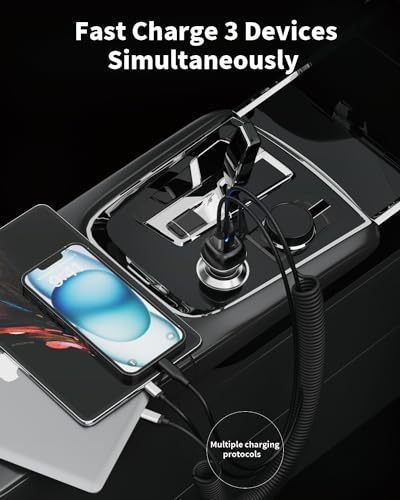 SUNDAREE 96W USB C Car Charger Three Port Cigarette Lighter Adapter PD 45W PPS33W & QC3.0 18W 6ft Type C Coiled Cable Fast Charging iPhone 16/15/14/13 Smartphones S23/S22/S21 Android ipad