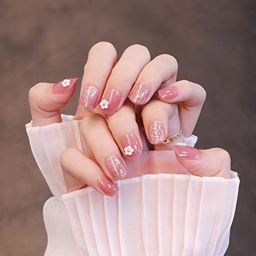 Sun&Beam Press On Fake Nails Short Round Oval Square False Acrylic Nail Tips For Women Girls With Creative Art Bling Decoration 3D Design 24pcs (#1-Pink Sakura)