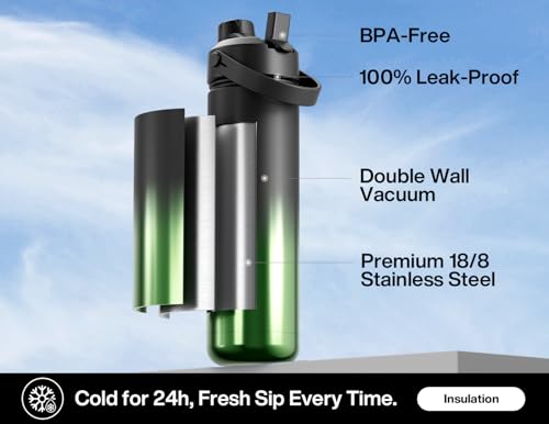 Image of POWCAN 26 oz Insulated Water Bottle with 2-in-1 Straw and Spout Lid, Keep Cold 24H, Leak-Proof, Fits in Car Cup Holder, Stainless Steel Water Bottle for Sports, Travel, Gym, Gift, and School (Ranger)