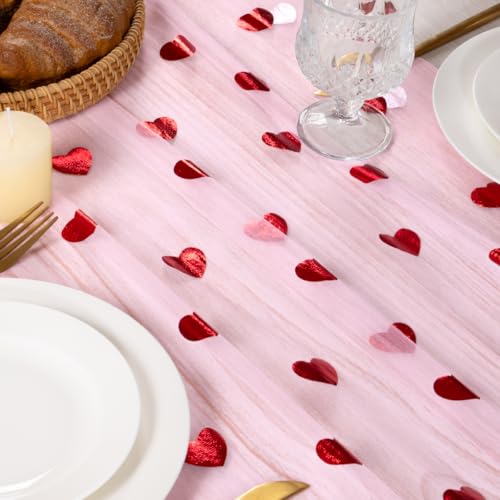 Image of MLMC Pink Heart Gauze Table Runner Glitter Valentine's Day Table Runner 120 Inch 10 FT Sheer Metallic Foil Seasonal Centerpiece for Wedding Anniversary Home Party Table Decor