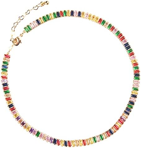 IMIBEE 14k Gold plated Multicolor Gems Necklace Baguette Rainbow Necklace Colorful 5A Cubic Zircon Jewlery For Women Girls