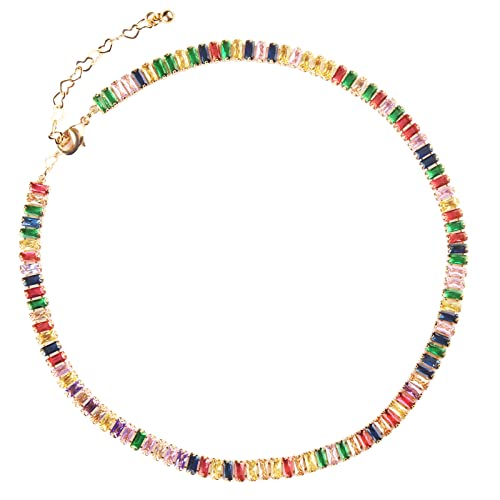 Imibee 14K Gold Plated Multicolor Gems Necklace Baguette Rainbow Necklace Colorful 5A Cubic Zircon Jewlery For Women Girls #TOP1