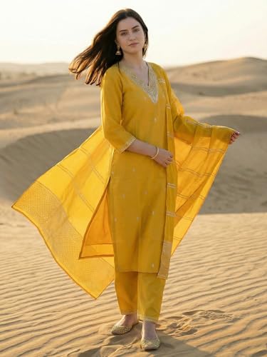 Image of INDO ERA Solid Straight Pure Cotton Kurta with Pant & Dupatta Set for Women