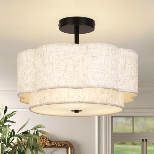 CLARSYNE 16' Modern Scalloped Semi Flush Mount Ceiling Light, Petal Linen Drum Shade, Dual-Layer 3-Light Fabric Fixture for Bedroom, Living Room, Kitchen, Hallway, Entryway