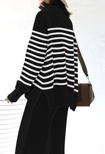 Fixmatti Stripe Sweater Sets for Women 2 Piece Knitted Outfits High Neck Top Wide Leg Pant Loungewear4