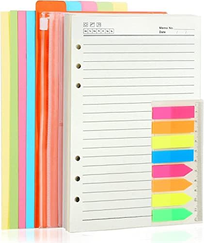 A5 6 Ring Planner Accessories (Refill Paper Lined, 5 Colorful Index Dividers, 2 Pieces Loose Leaf Pockets, 160 Pieces Color Label with Ruler) for 6 Hole Notebooks/Journals/Binder