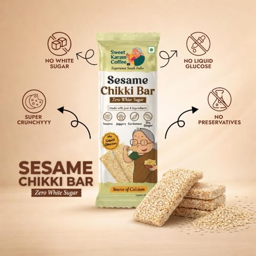 Image of Sweet Karam Coffee White Sesame Chikki Bar - 20 g | No White Sugar or Preservatives | Jaggery Sweetened | Calcium & Fiber Rich Gajak | Healthy Indian mithai Snack