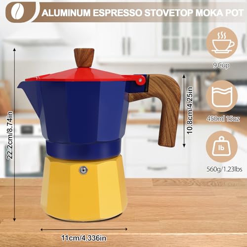 Image of Aluminum 9 Cup 450ml Moka Pot Express Coffee Maker Stovetop Espresso Colorful Coffeemaker Italian Classic Style Brewing Greca Cafe Mocha Machine for Cafeteras Lover Camping Travel and Home Use 15oz