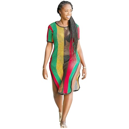 Clossy London Rasta - Vestido Midi de algodón con Abertura Lateral Multicolor para Mujer, Malla de Malla Transparente, para Playa, Trabajo, Malla, Vestido de Malla Transparente, Rasta/Multicolor, S-M