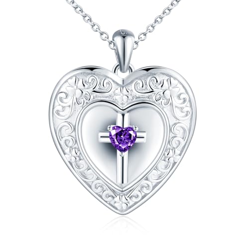 Image of MICMIF 925 Sterling Silver Cross Locket Photo Amulet Necklace for Women Girls Cubic Zirconia White/Purple/Blue Heart Locket Pendant Openable for 2 Pictures Personalised Lockets Jewellery