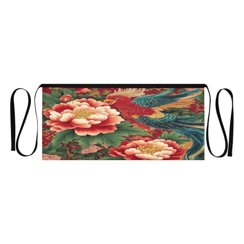 Kigai Peony Phoenix Server Aprons for Men Women Water & Oil Resistant Waitress Waiter Waist Apron with 3 Pockets