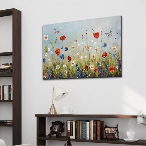 Image of Framed American Flag Butterfly Wildflower Wall Art, Patriotic Floral Canvas Art Pictures, USA Flag Wall Decor, Made in USA Ready to Hang for Living Room Bedroom