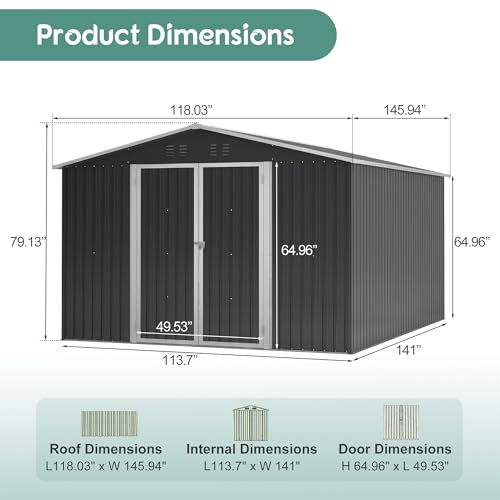 Image of YOPTO 10x12 FT Outdoor Storage Shed,Metal Shed W /Updated Frame Structure,Garden Shed W /Lockable Door,2 Air Vents & Sloped Roof,for Backyard,Patio,Lawn,Black