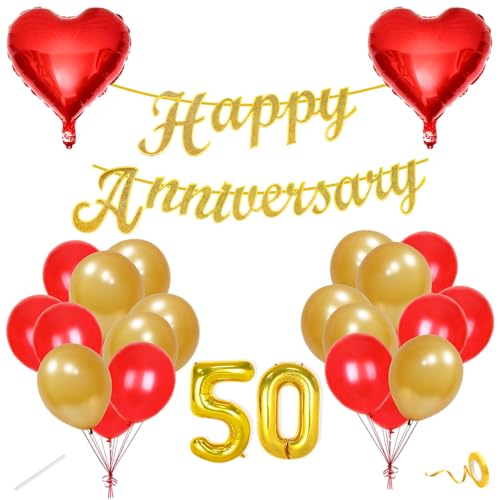 Image of Flyloons 50th Happy Anniversary Decoration Items Red Gold for Men Women Husband Wife Mom Dad Couple Home Bedroom Car With 20 Pcs Metallic Balloons Anniversary Banner 2 Pcs Heart Set Kit Golden Jubilee