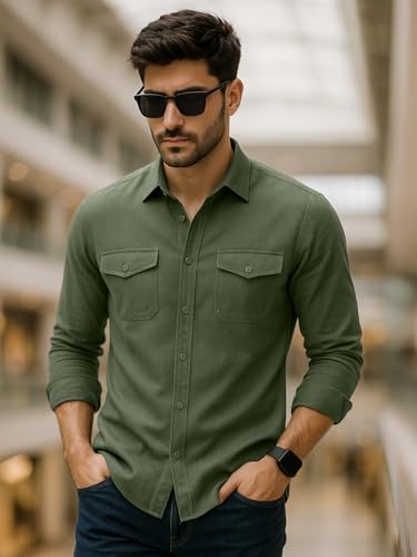 Image of Veirdo Men's Pure Cotton Utility Shirt | Full Sleeve Casual Button-Down with Dual Chest Pockets | Stylish & Comfortable Everyday Wear | Colors: Beige, Black, Maroon, Olive, Rust & White