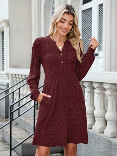 ZAFUL Womens Long Sleeve Fall Dresses with Pockets V Neck Button Casual Bodydoll Knit Sweater Dress 20252