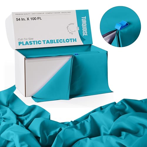 Image of Exquisite Party Solids 54 Inch X 100 Feet Turquoise Plastic Table Cover Roll in A Cut - to - Size Box with Convenient Slide Cutter. Cuts Up to 12 Rectangle 8 Feet Plastic Disposable Tablecloths
