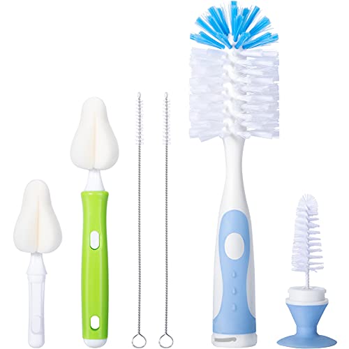 Image of Carebabymore Baby Bottle Brush Set with Nylon Nipple Cleaner, Sponge & Straw Brushes (Blue)