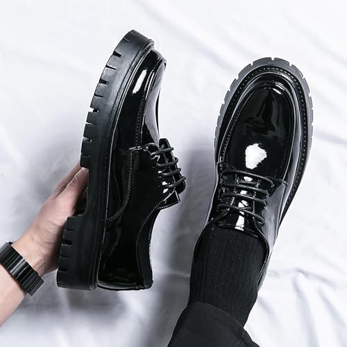 Men's Patent Leather Lace Up Platform Oxfords Round Toe Lug Sole Non Slip Derby Shoes Casual Heightening Soft Bottom Dress Shoes4