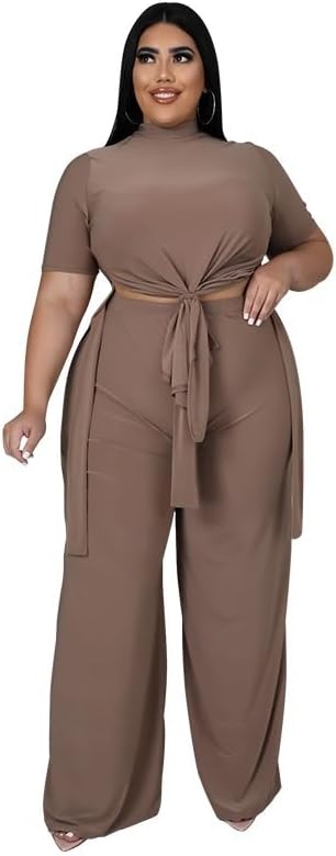 Wide Leg 2 Piece Outfits for Women Sweatsuit Sexy Short Sleeve Split Shirt Pant Set Casual Tracksuits - Image 4