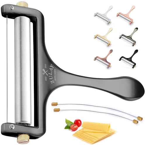 Image of Zulay Kitchen Stainless Steel Wire Cheese Slicer - Adjustable Hand Held Cheese Cutter with 2 Extra Wires - Premium Cheese Shaver For Mozzarella, Cheddar, Gruyere - Cheese Cutter with Wire (Gunmetal)