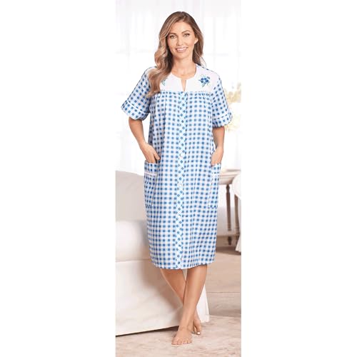 Image of AmeriMark Women Calf-Length Snap Front Knit Duster House Coat Robe - Loose-Fitting Plush Bathrobe - Short Sleeve Bath Robe