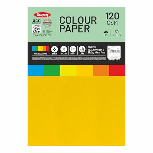 Image of Anupam 25 Sheets Colored Craft Paper A4 Size 120 GSM 5 Assorted Color Construction Paper Multi Color Card Stock Paper for Crafts, Card Making, Scrapbooking, DIY, School Supplies, Printing, Stationery