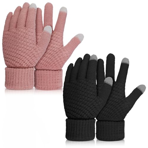 2 Pairs Women's Winter Warm Touchscreen Gloves, Thermal Knit Soft Fleece Lined Gloves Winter Texting Gloves Elastic Cuff Anti-Slip Gloves (Black, Pink)