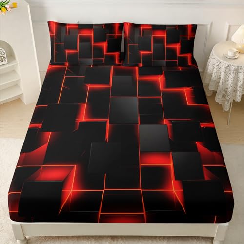 AILONEN Black and Red Checkered Fitted Sheet Set Twin XL Size,Abstract Square Plaid Modern Geometric Bed Sheet Set,3-Piece Gradient Neon Cubes Themed Bedding Set,1 Fitted Sheet with 2 Pillowcases