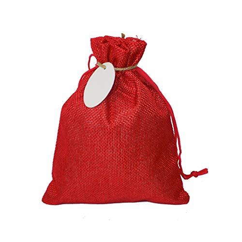 Image of Brown Leaf Premium Red Colour Jute Linen Medium Potli Bags Pouch(7 * 5.4 inch) with Tags Best Gifting Bag for Weeding,Birthday Party & Anniversary (Set of 48)