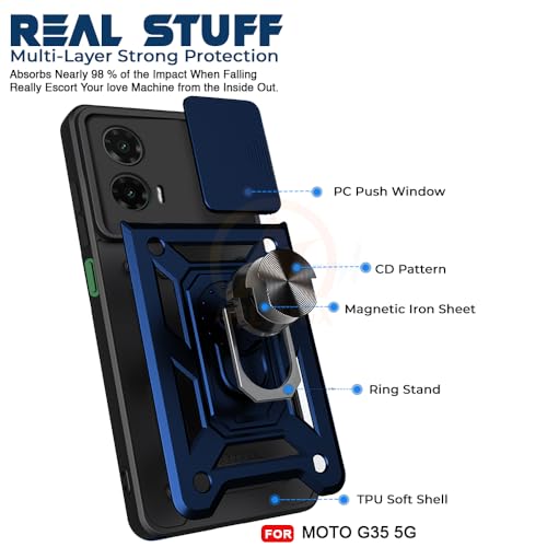 Image of Armor Bumper Back Cover Case for Motorola Moto G35 5G Rotating Camera Cover, Ring Holder & Kickstand | Heavy Duty & 360 Degree Protection Motorola Moto G35 5G Back Cover (Blue)