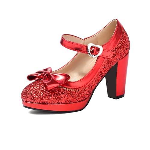 SEIFIN Women's Sequins Glitter Mary Jane Shoes Shine Sparkly Vintage Chunky High Block Heel Women Pumps with Bow and Ankle Strap Cosplay Rockabilly Kawaii Marriage Dress Shoes(Red,US6.5)