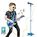 TAKIHON Guitar and Microphone Set for Kids,Guitar Toys with Music&Colorful Light,Adjustable Height Microphone with Stand,Karaoke Toys Gift for Boy,Girls,Toddlers(Blue)-Upgraded