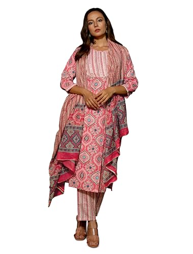 Image of MIRCHI FASHION Pure Cotton Women Straight Print & Thread Embroidery Kurti Set with Dupatta & Pant